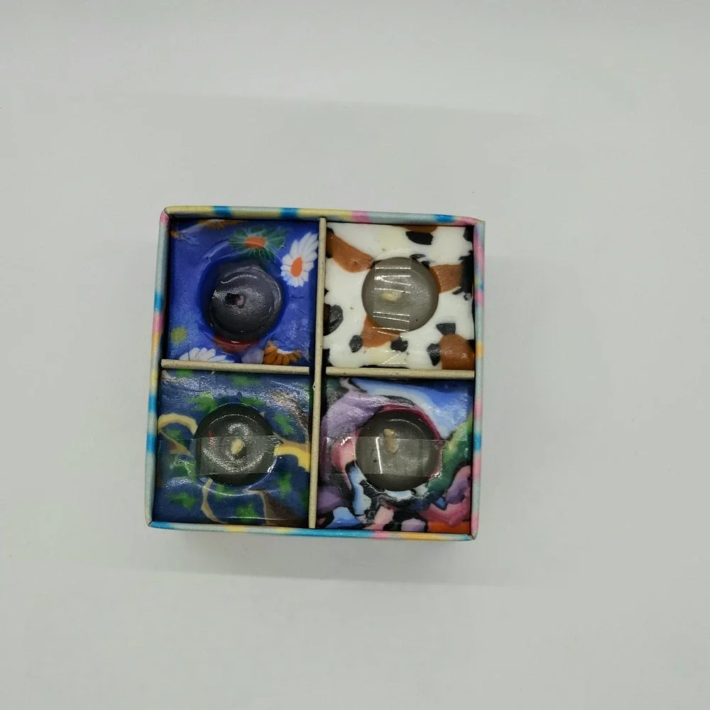 Vintage Glowing Candle Set 4pc Handmade Multi Color Abstract Floral Votive Box